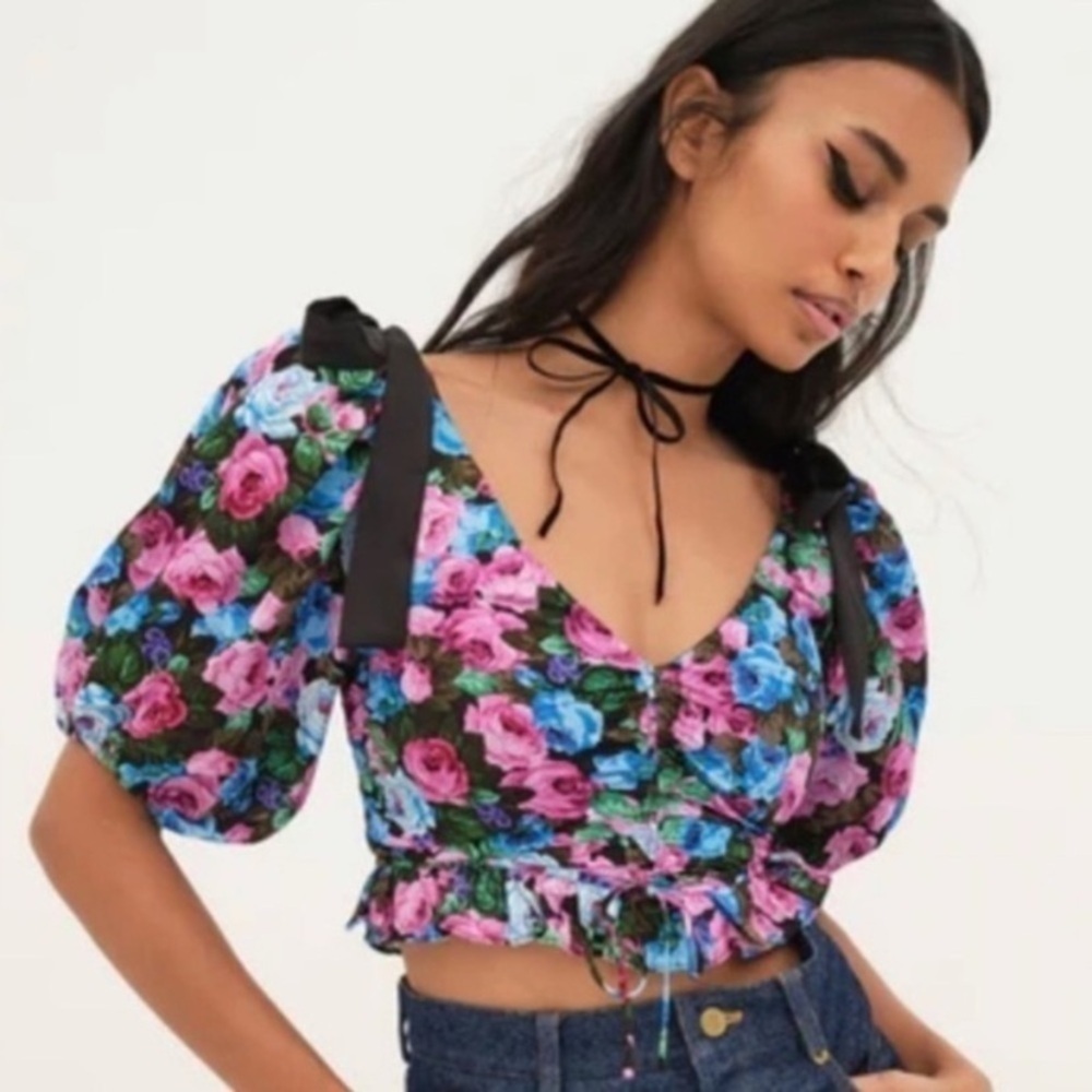 New! For Love And Lemons Maggie Floral puff sleeve Crop Top 2620